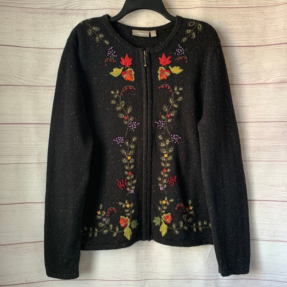 Vintage Croft & Barrow Black Embroidered Cardigan Sweater Leaf Grapes Size L